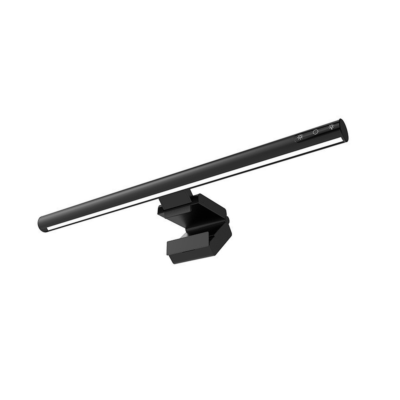 Three-quarter view of the black aluminum LumenBar and its monitor mount